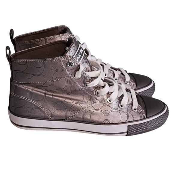 Coach Silver Logo Sneakers High Tops Franca Metallic Canvas Size 7.5 - Picture 1 of 8